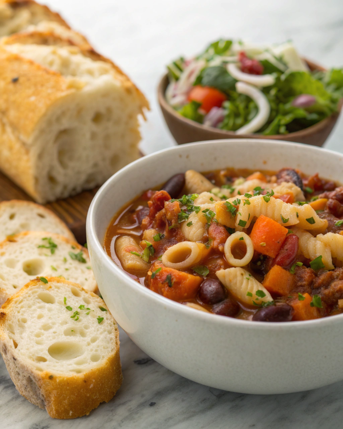 Bowl of Pasta Fagioli accompanied by crusty bread and a side salad.