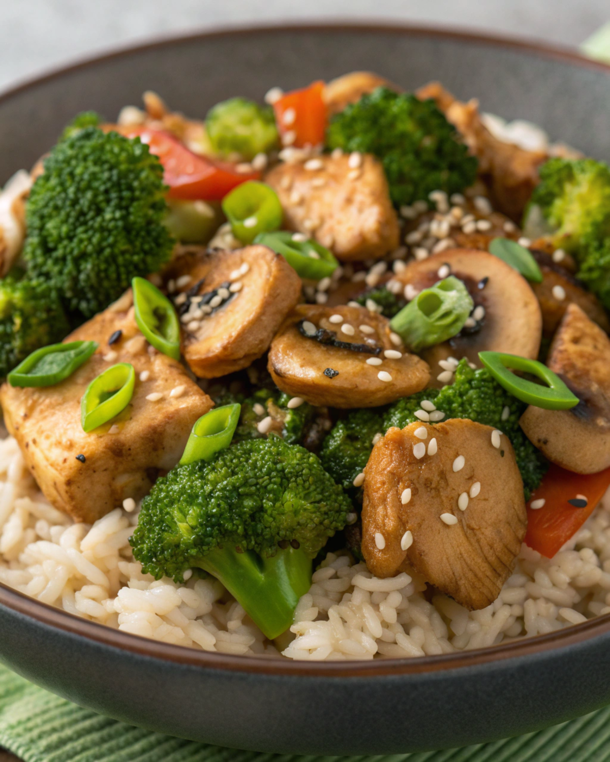 Black Pepper Chicken with Mushrooms and Broccoli served over rice, garnished with sesame seeds and green onions.