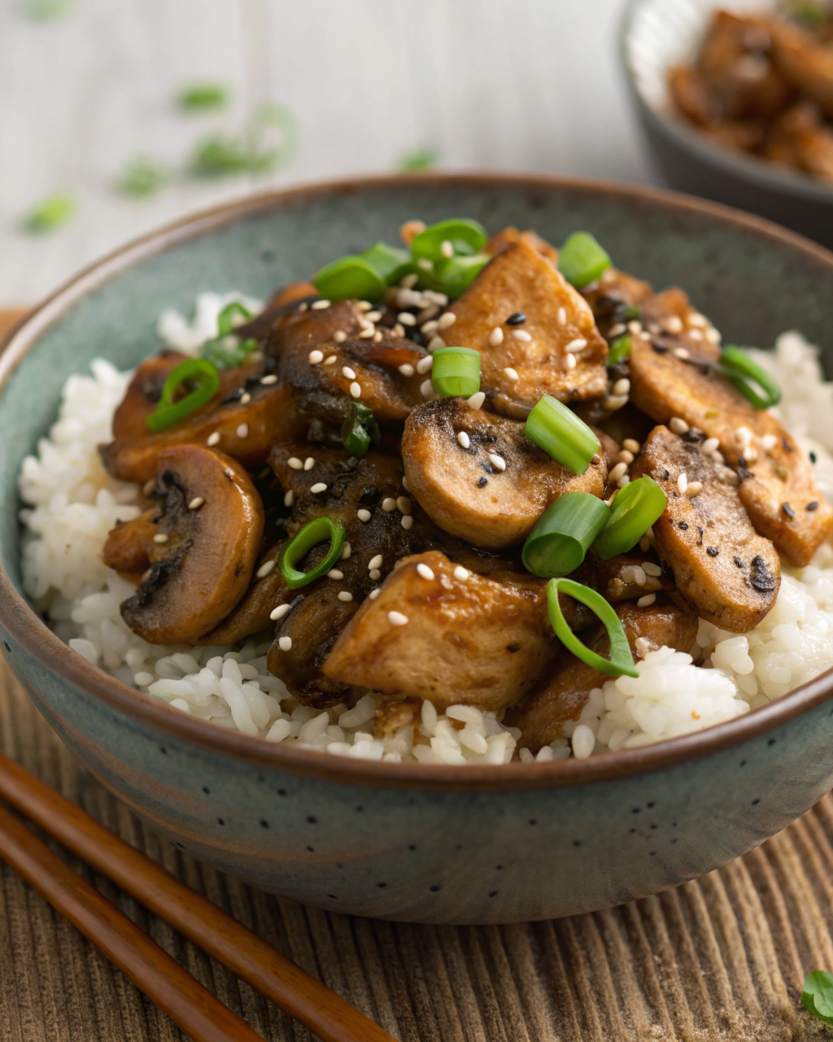 Bowl of Black Pepper Chicken with Mushrooms served over rice, garnished with green onions and sesame seeds.