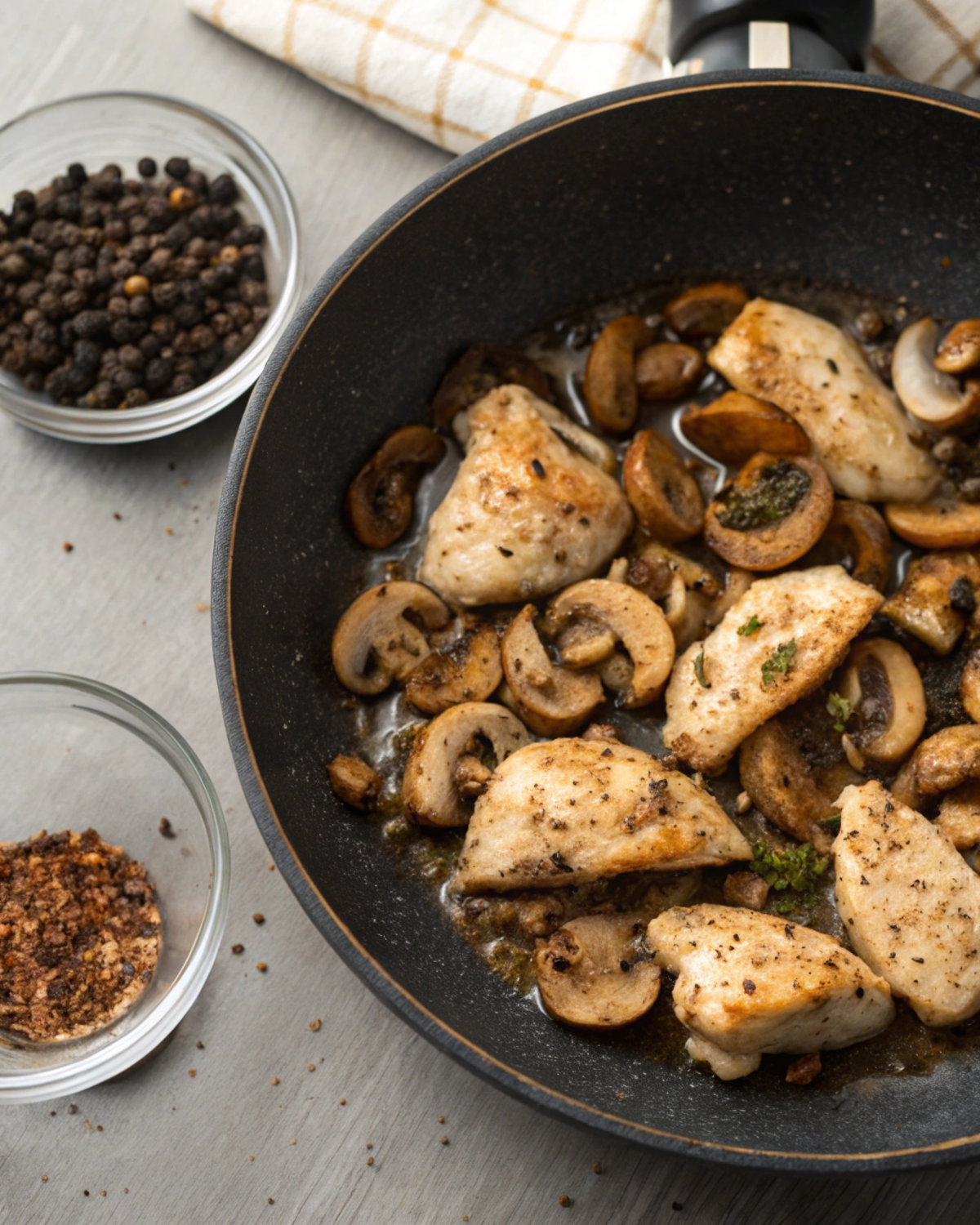 Cooking process of Black Pepper Chicken with Mushrooms in a skillet, showcasing marinated chicken and mushrooms.