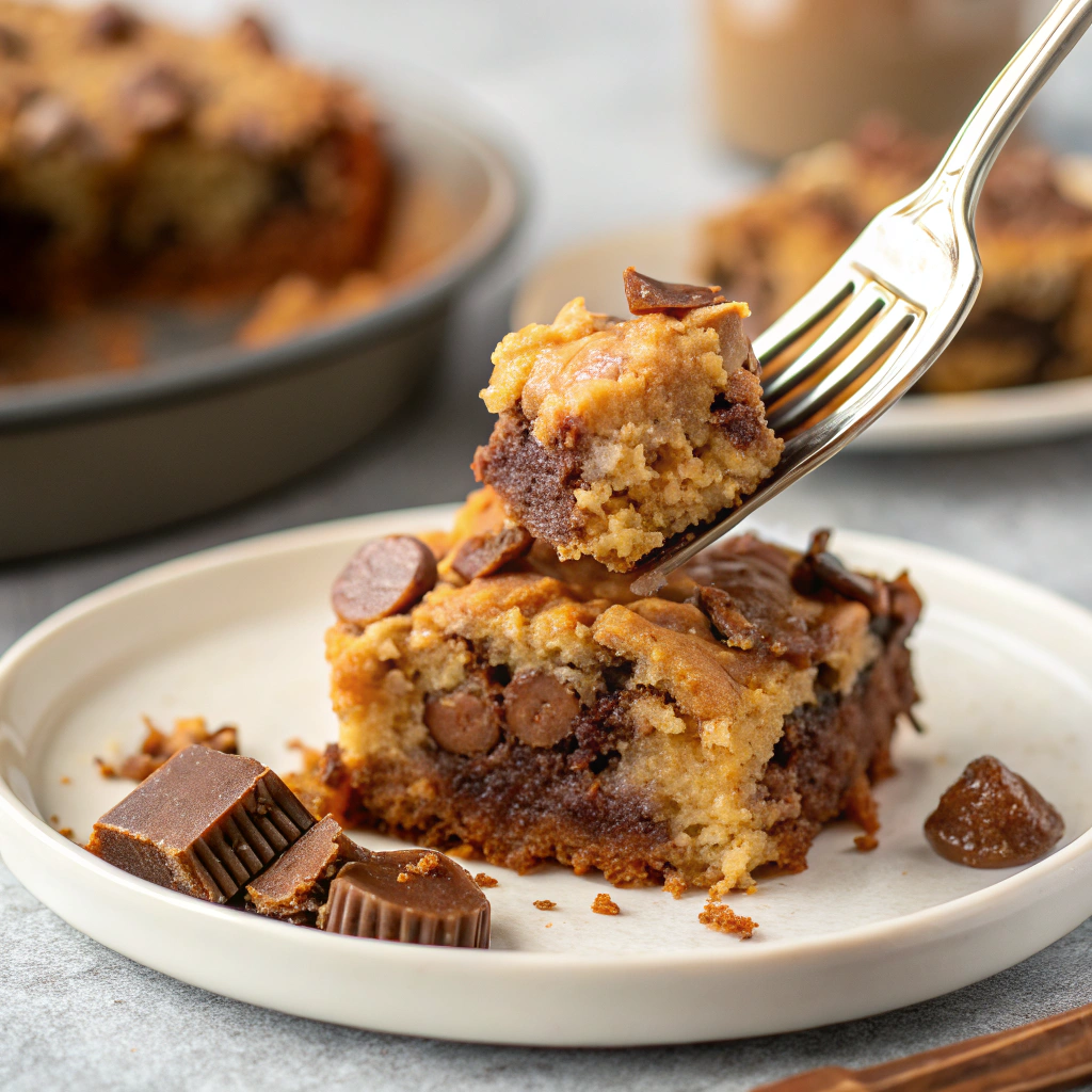 A fork lifting a piece of Peanut Butter Cup Dump Cake from a plate.