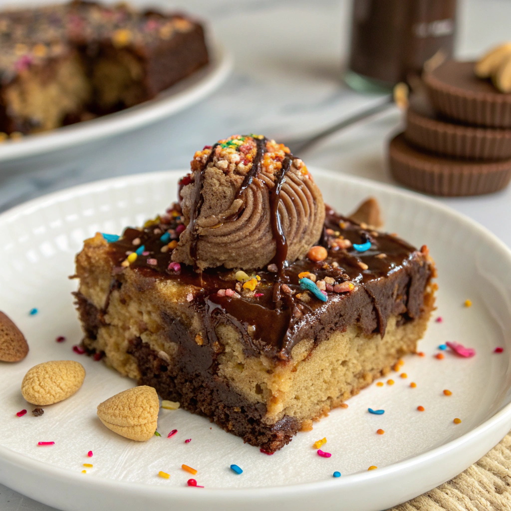 A slice of Peanut Butter Cup Dump Cake topped with whipped cream and chocolate drizzle on a plate.