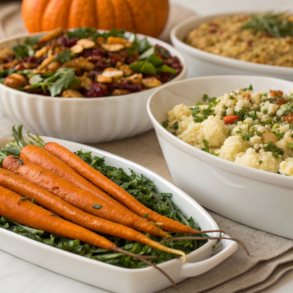 "An elegant Thanksgiving table featuring a variety of side dishes, including maple-glazed roasted carrots, creamy cauliflower gratin, cranberry pecan quinoa salad, garlic herb stuffed mushrooms, butternut squash and feta salad, and sautéed garlic spinach with almonds.