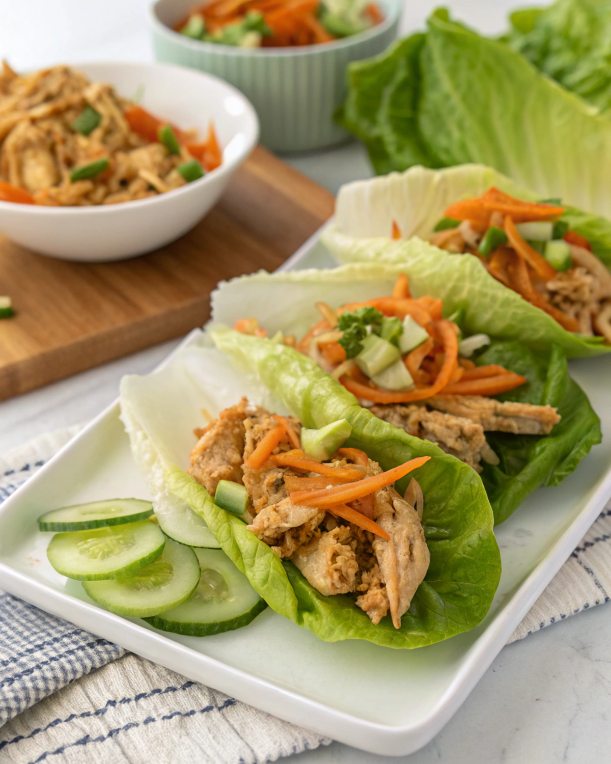 Crisp lettuce leaves filled with chopped leftover chicken rotisserie mixed with Asian sauce, shredded vegetables, and chopped peanuts.