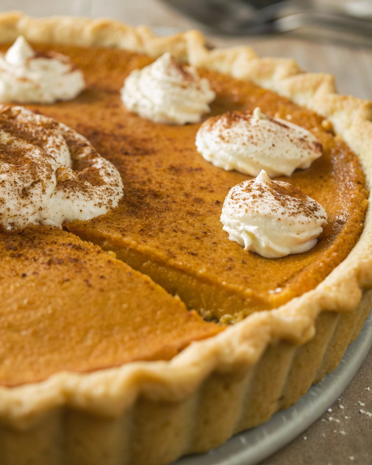 Close-up of pumpkin pie showcasing creamy filling and flaky crust.