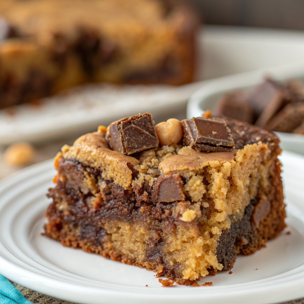 Close-up of the moist, crumbly texture of a slice of Peanut Butter Cup Dump Cake.