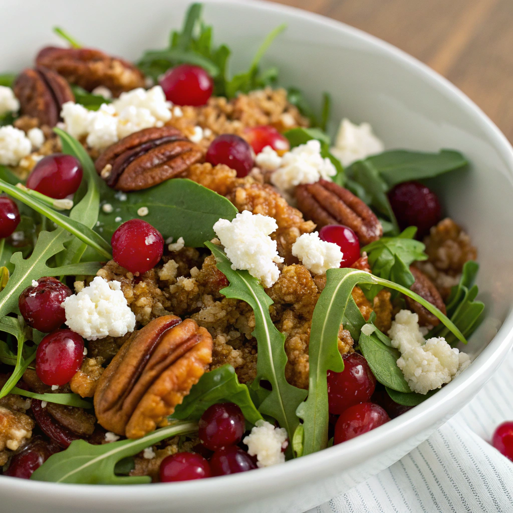 Cranberry pecan quinoa salad with arugula, feta, and citrus dressing