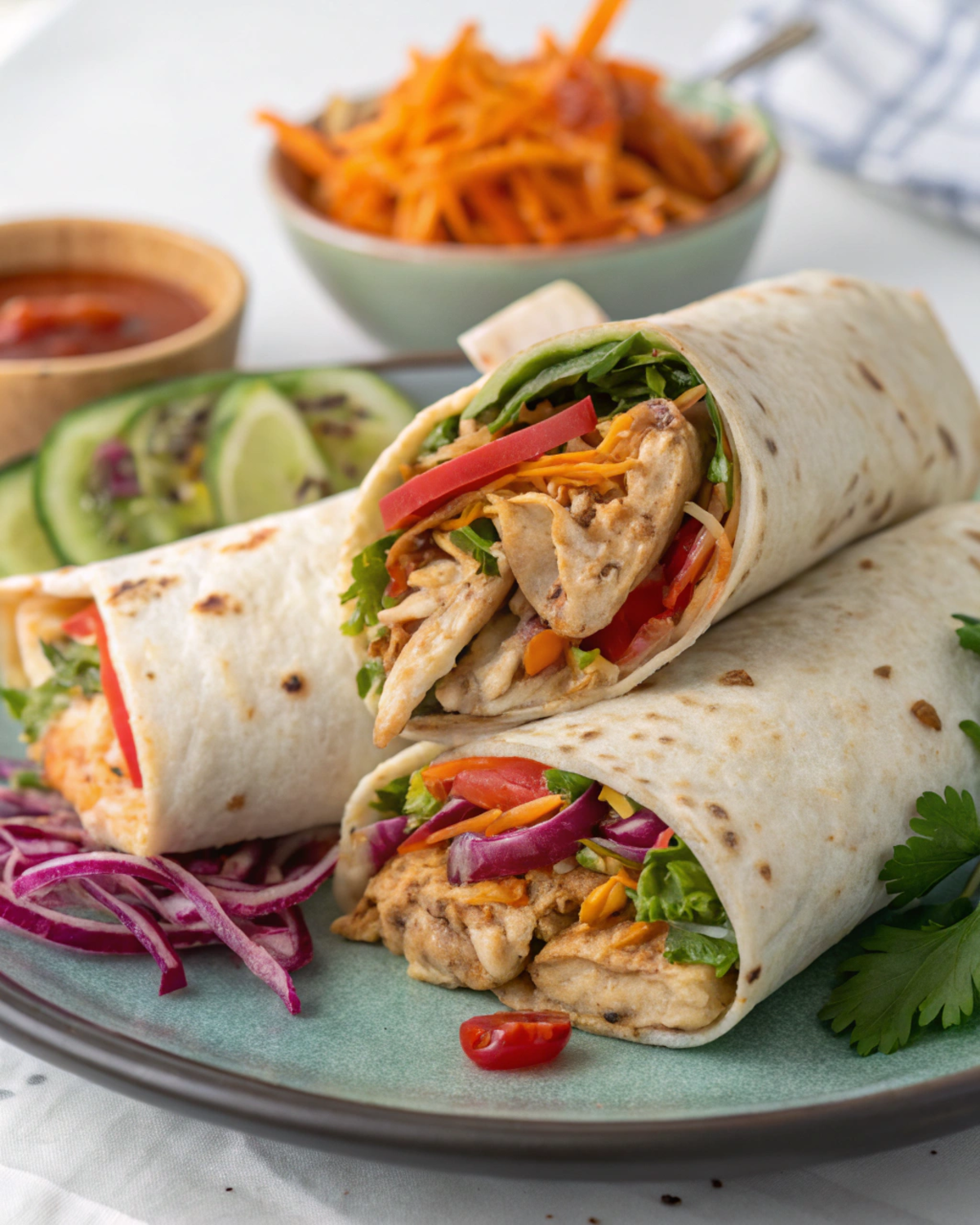 Finished wraps filled with shredded leftover chicken, vegetables, and sauces on a plate.