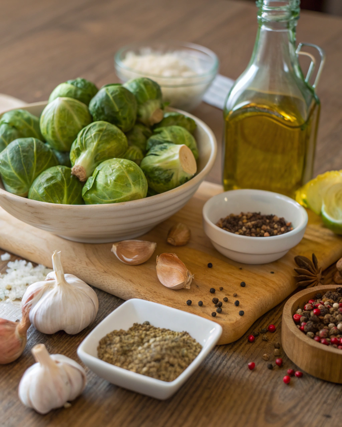 Fresh Brussels sprouts, olive oil, garlic, and spices spread out on a wooden kitchen counter.Brussels Sprouts Recipe