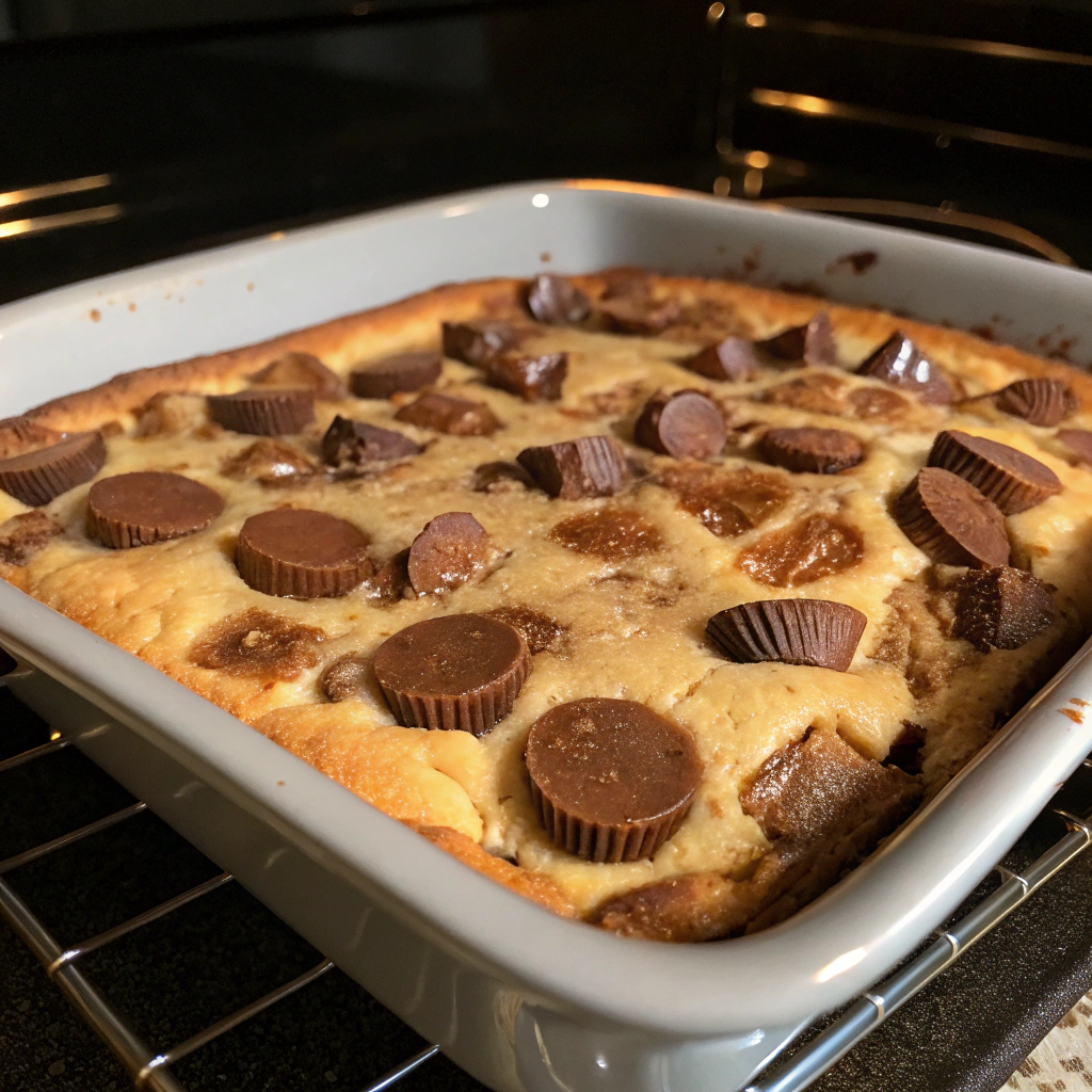 Freshly baked Peanut Butter Cup Dump Cake bubbling in the oven.