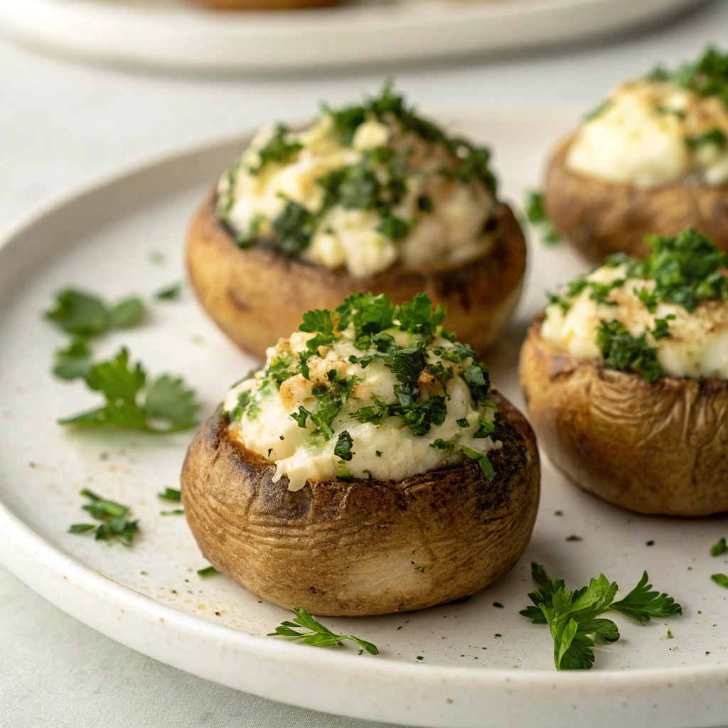 Garlic herb stuffed mushrooms filled with cream cheese and topped with herbs.