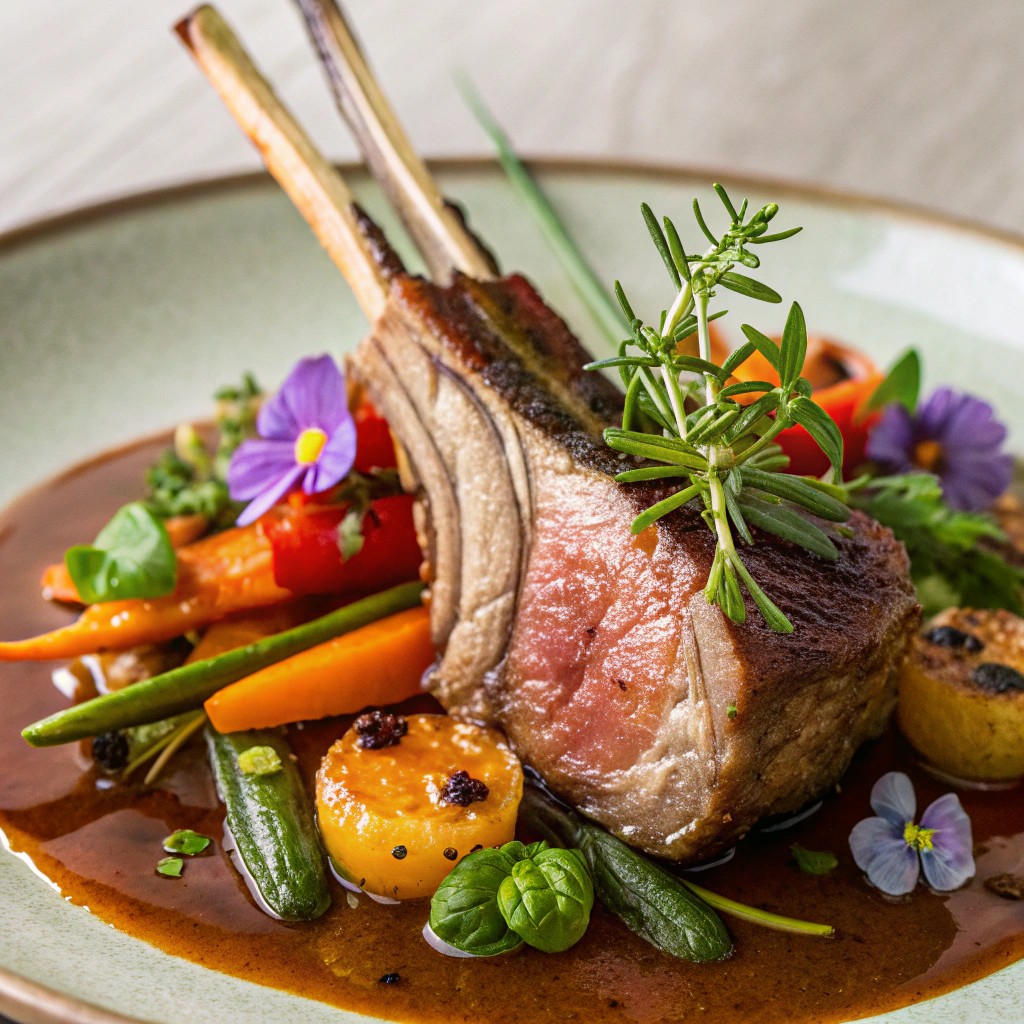 Garnished lamb rack served with seasonal vegetables and sauce