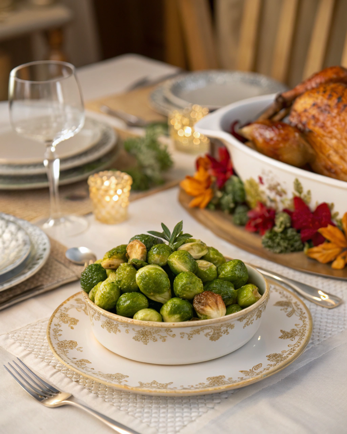 A festive dinner table set with a serving bowl of Brussels sprouts next to a roasted turkey.Brussels Sprouts Recipe