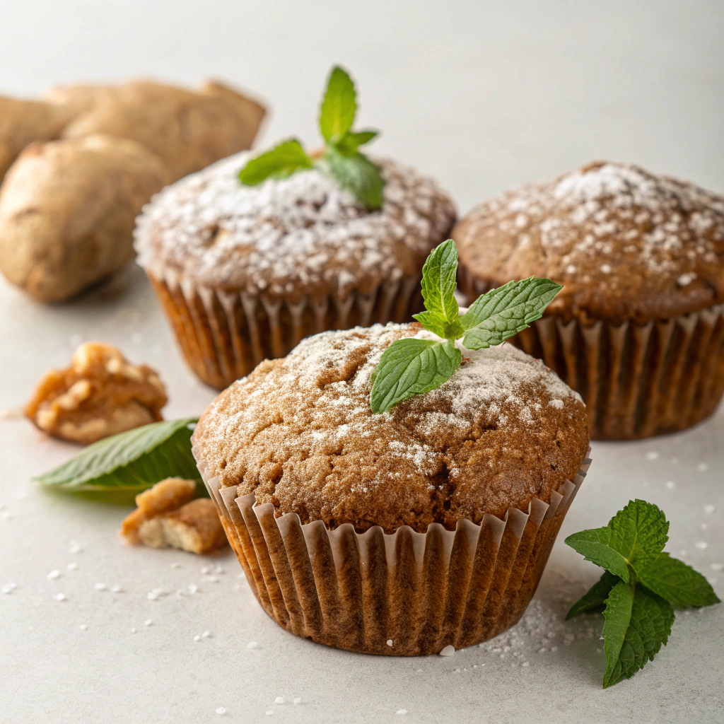 Healthy Gingerbread Muffins topped with powdered sugar and a sprig of fresh ginger.