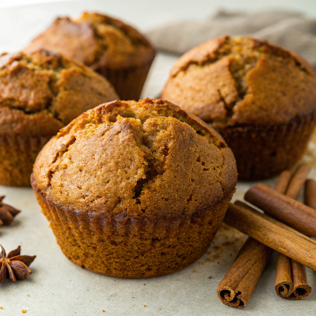 Close-up of golden-brown Healthy Gingerbread Muffins with cracked tops and spicy aroma.