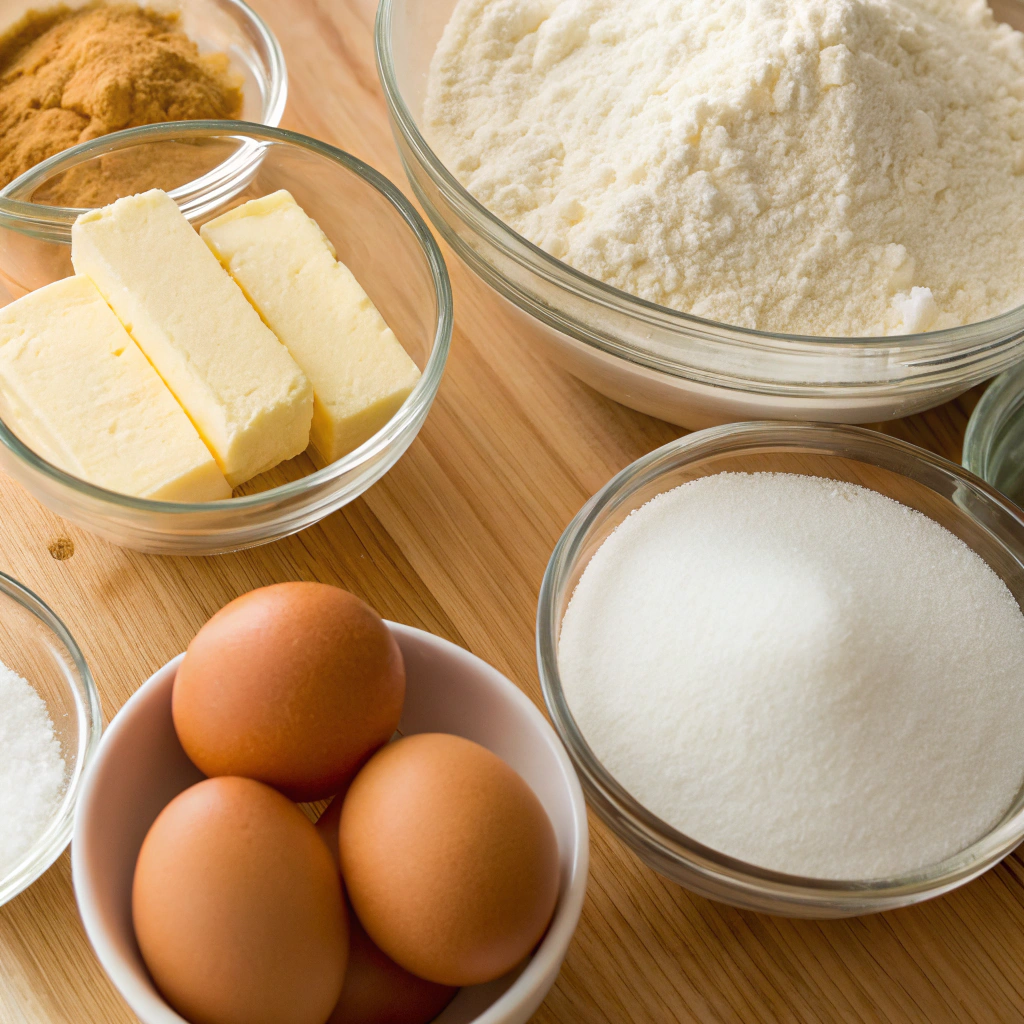 Ingredients for buttery and moist Buttermilk Pound Cake, including butter, eggs, flour, sugar, and buttermilk