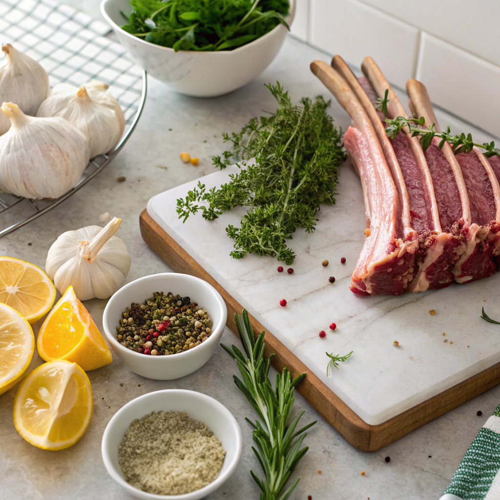 Ingredients for lamb rack recipe displayed on a kitchen counter