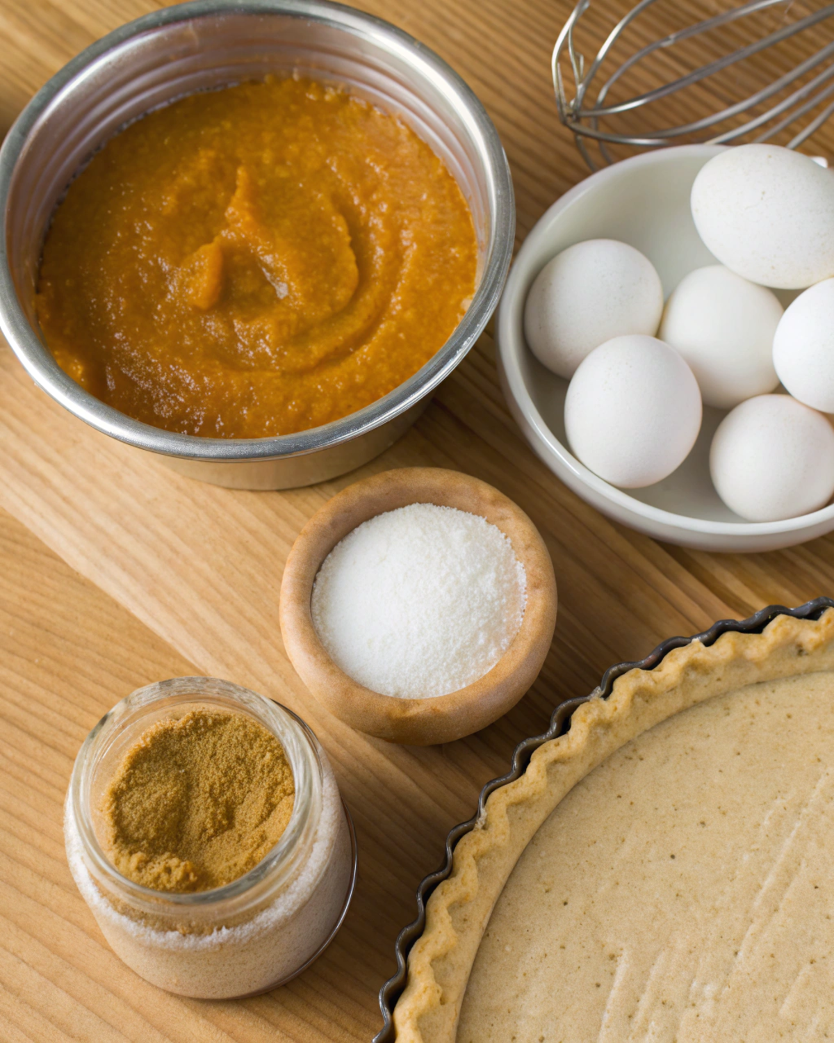 Ingredients for pumpkin pie recipe: pumpkin puree, sugar, spices, eggs, and pie crust.