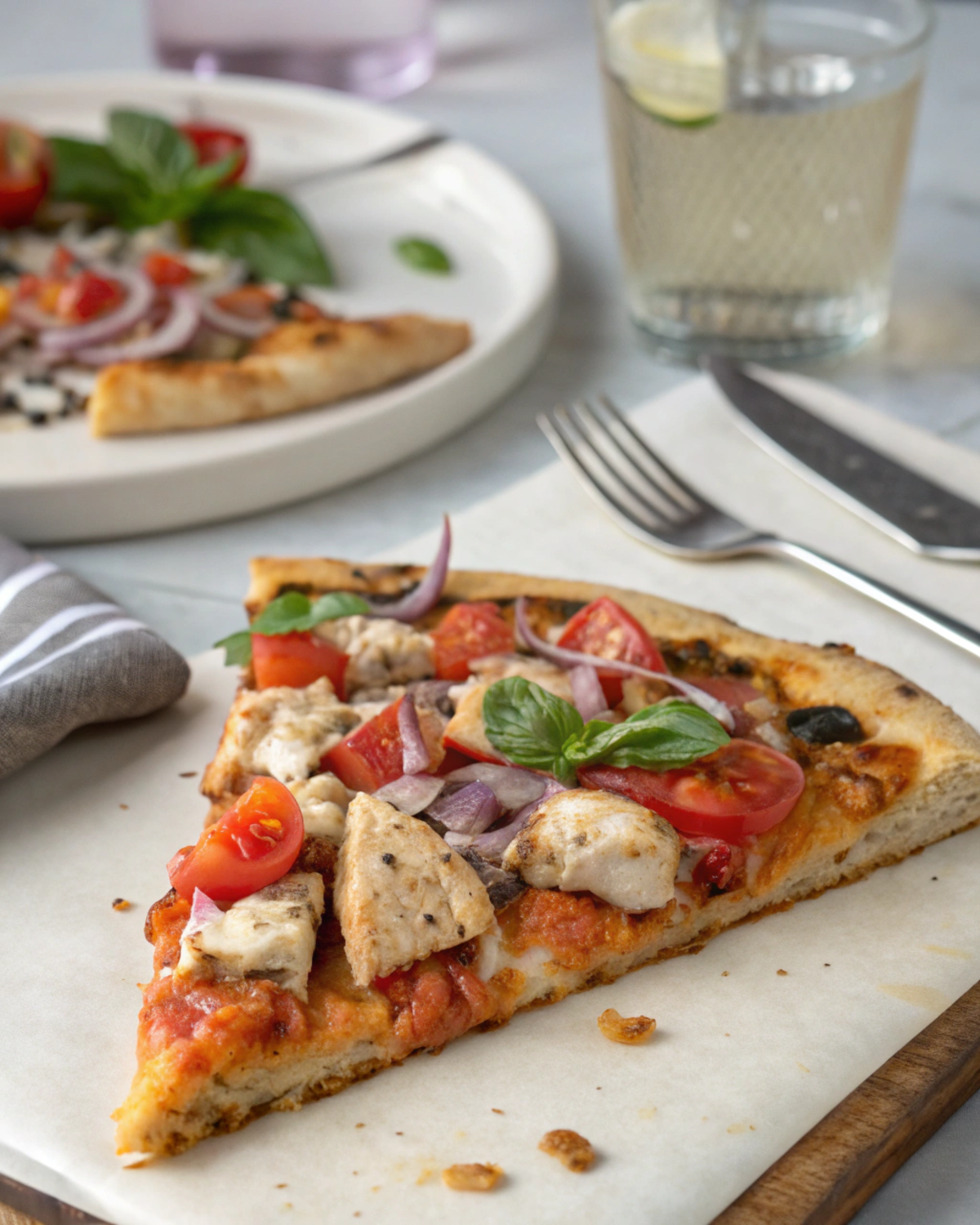 Slices of pizza topped with shredded leftover chicken rotisserie, melted cheese, and fresh herbs.