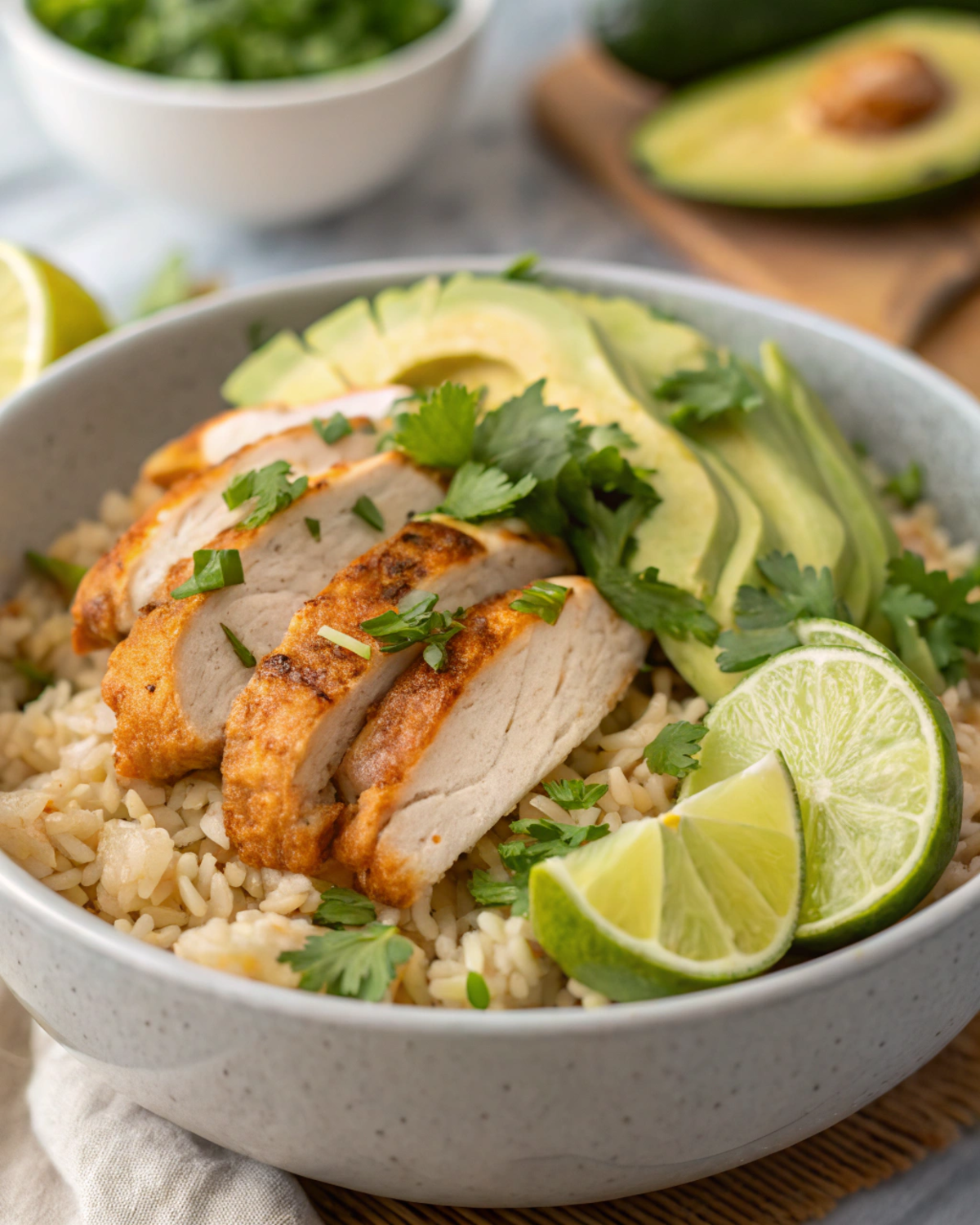 Leftover chicken rotisserie sliced over a rice bowl topped with avocado, cilantro, and lime wedge.
