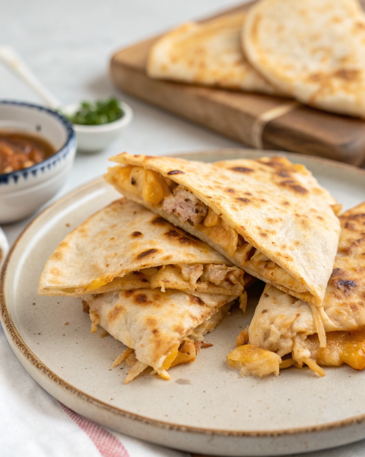 Hearty omelette or breakfast burrito filled with shredded leftover chicken rotisserie, cheese, and vegetables.