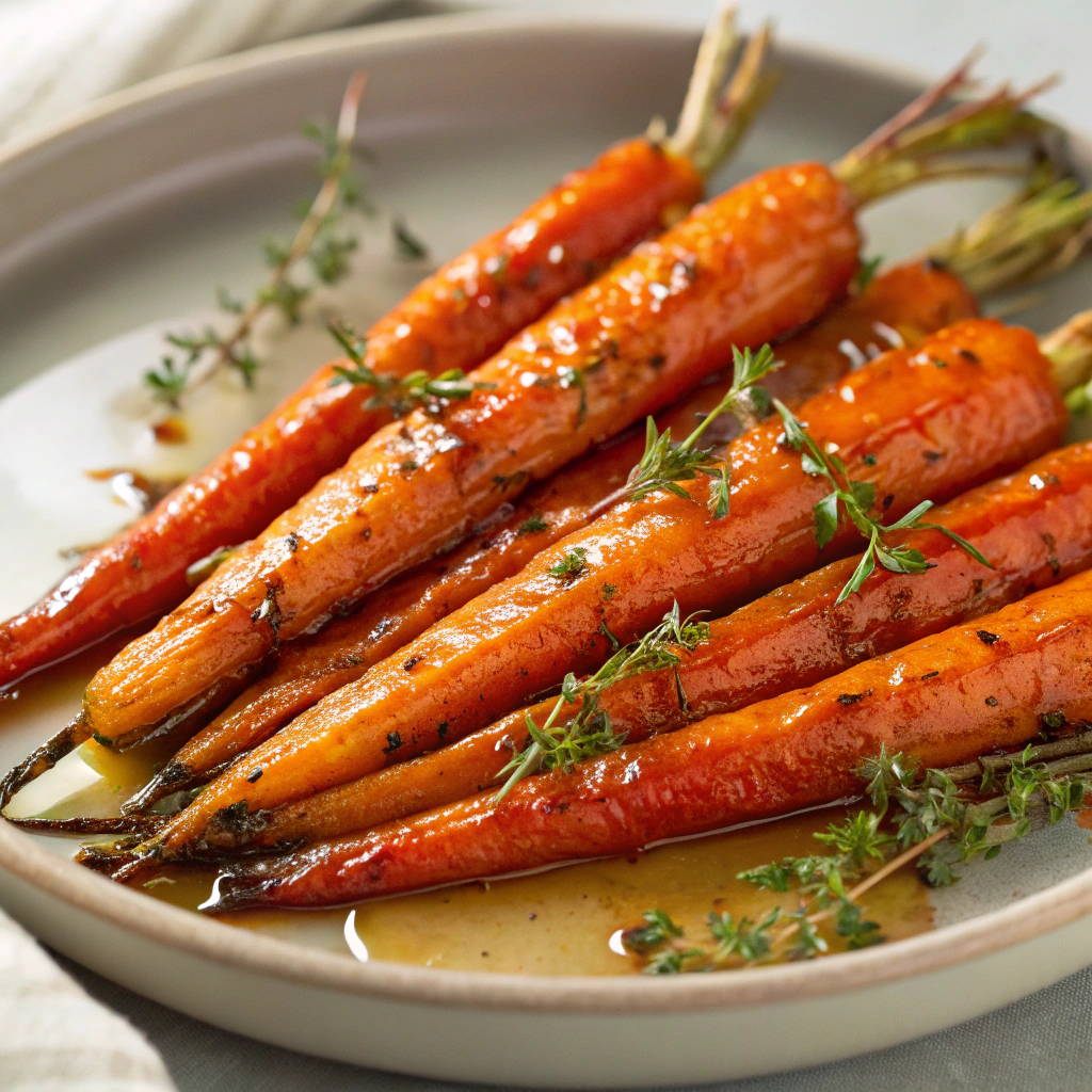 Maple-glazed roasted carrots drizzled with syrup and sprinkled with thyme