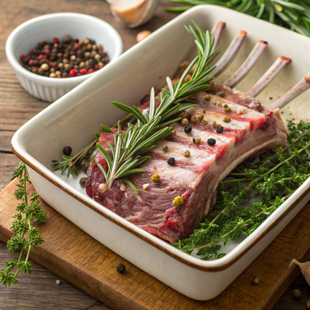 Marinating lamb rack with herbs and spices