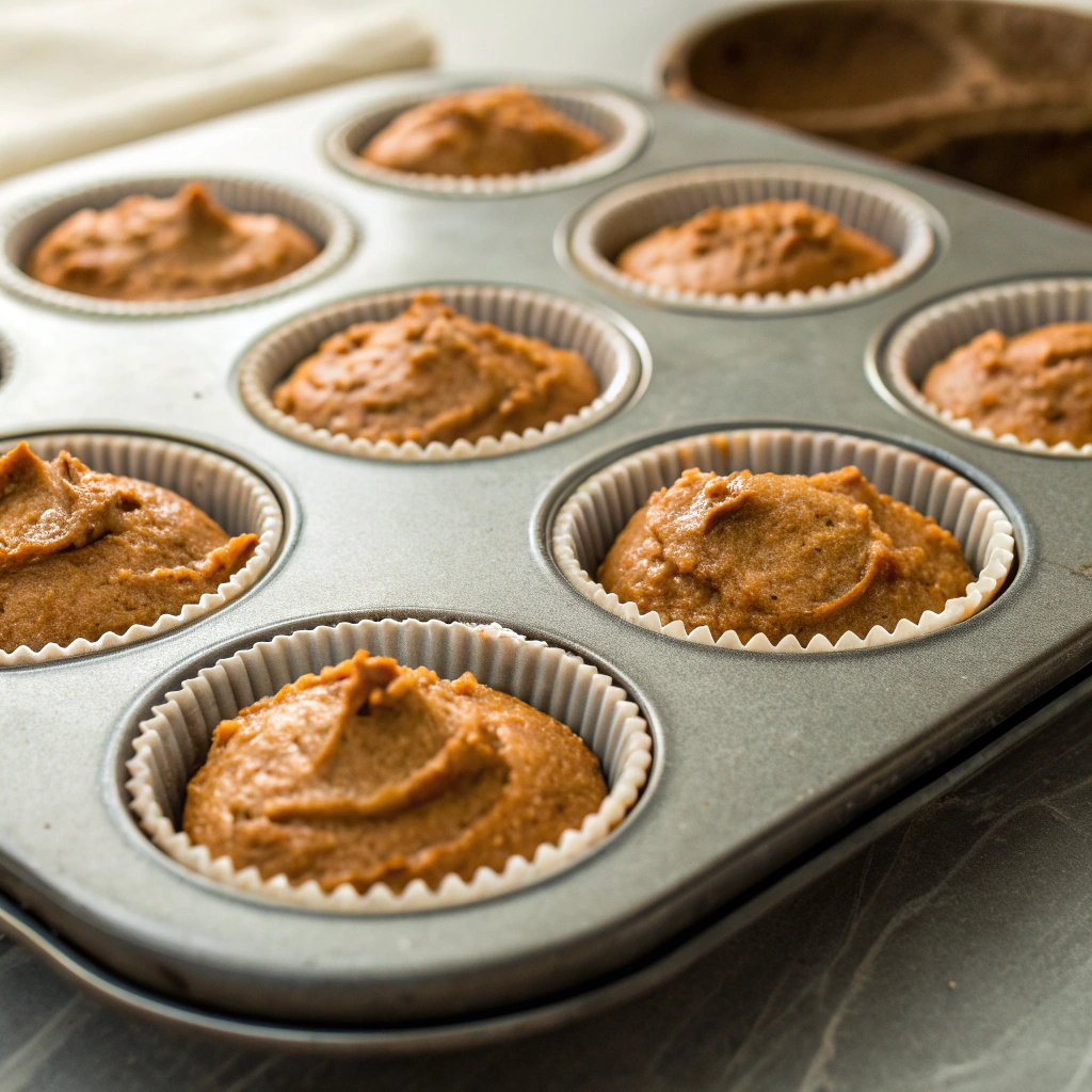 Muffin cups filled with batter for Healthy Gingerbread Muffins, ready to be baked in the oven.