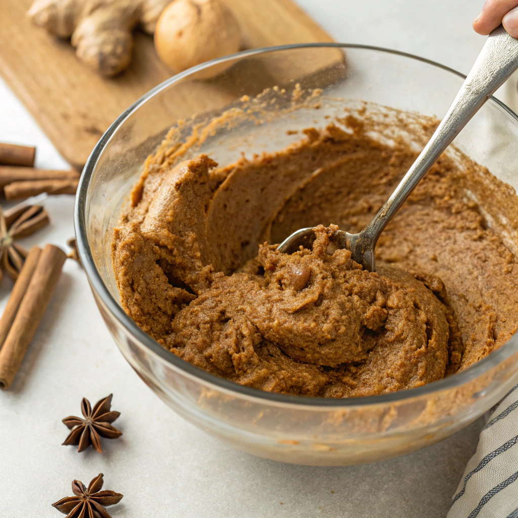 Mixing bowl with batter for Healthy Gingerbread Muffins, showing a spoonful of thick, spiced mixture.
