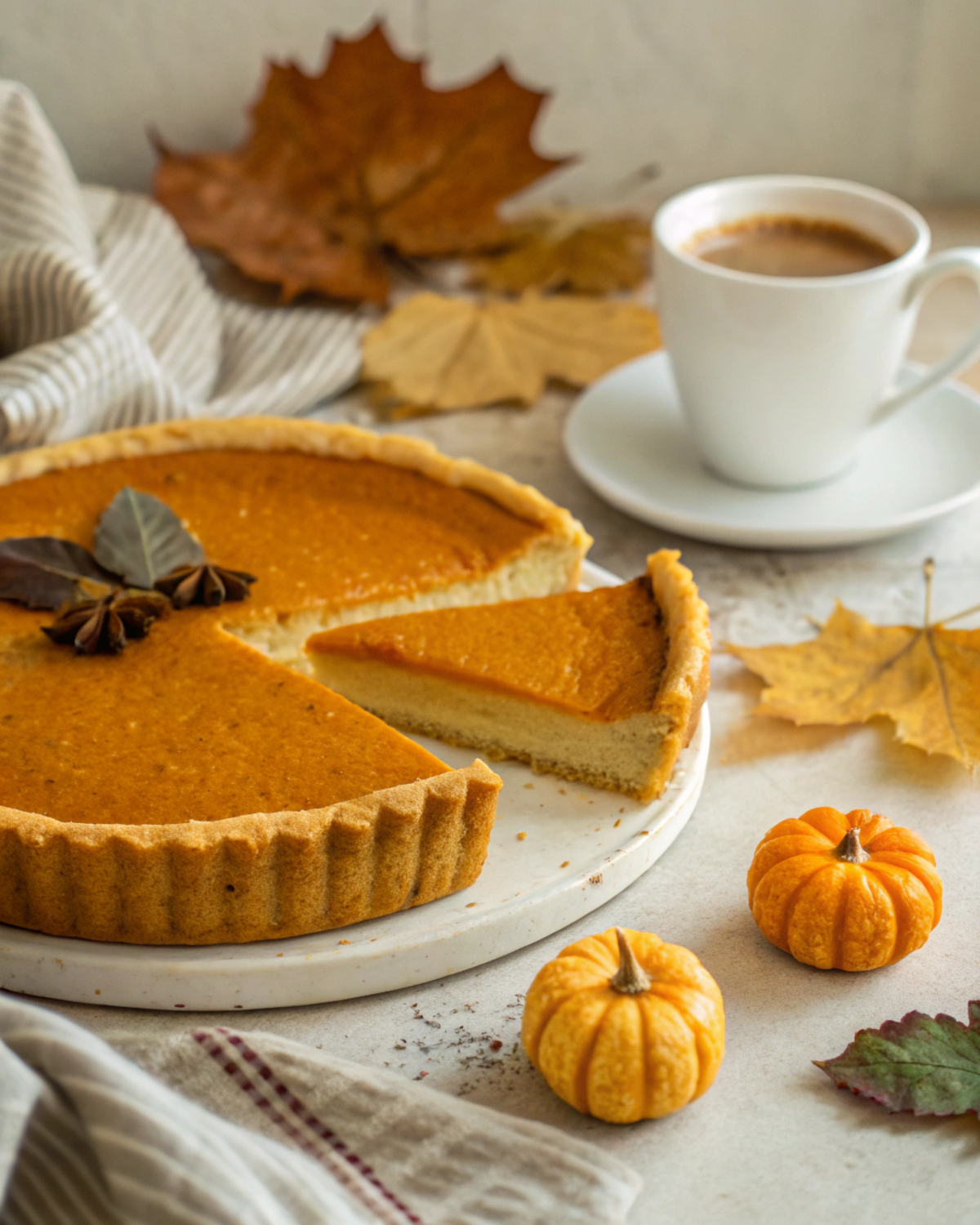 Pumpkin pie served with coffee and decorative autumn elements.