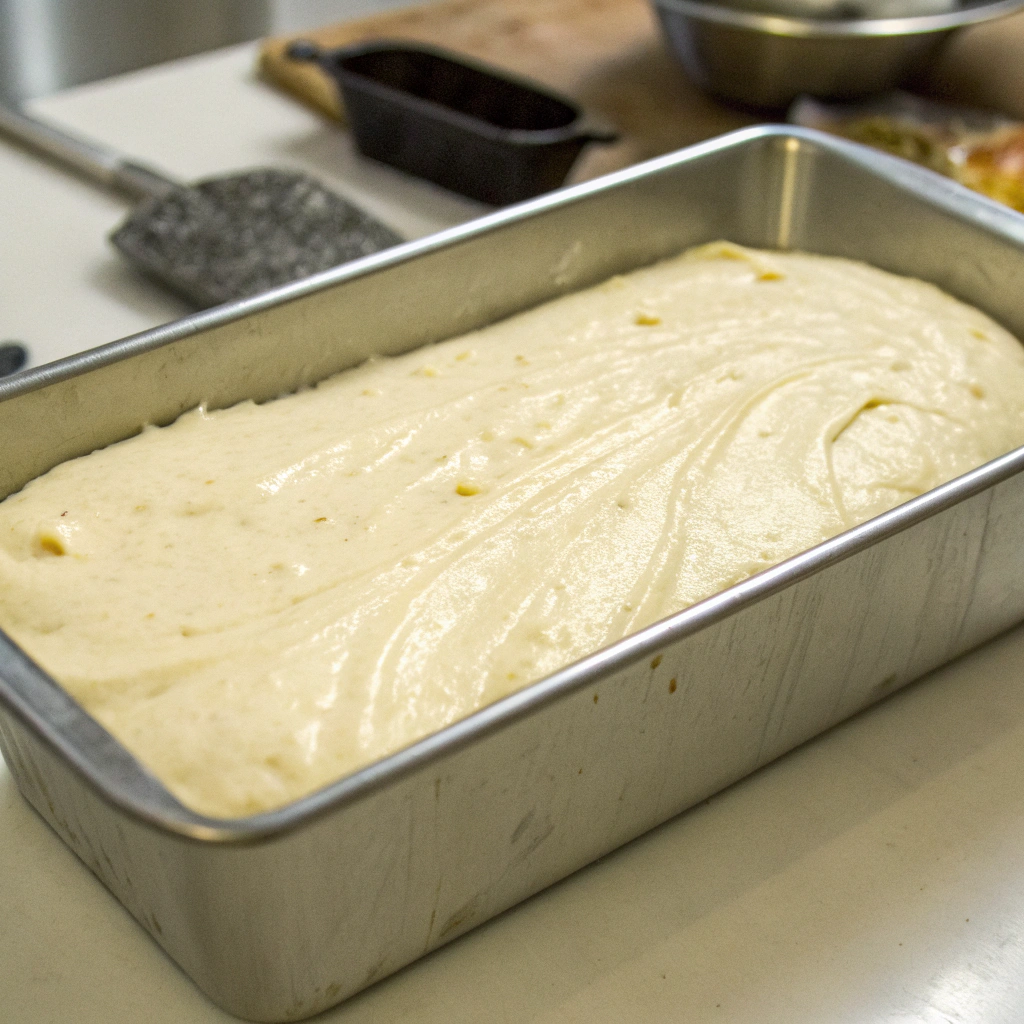 Raw Buttermilk Pound Cake batter in a loaf pan ready for baking.