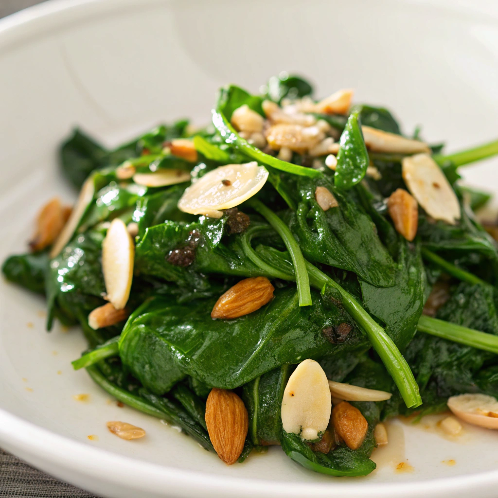 Sautéed garlic spinach with sliced almonds garnished with herbs