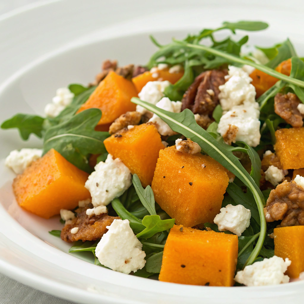 Butternut squash salad with feta cheese, walnuts, and arugula