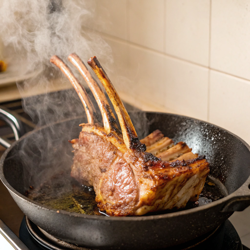 Searing lamb rack in a skillet before roasting