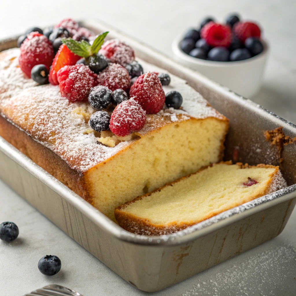 Slice of Buttermilk Pound Cake topped with fresh berries and powdered sugar.