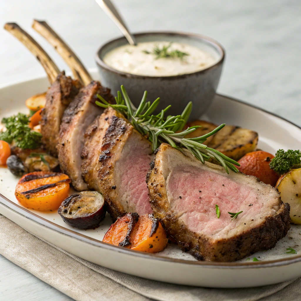 Sliced lamb rack served on a platter with sides