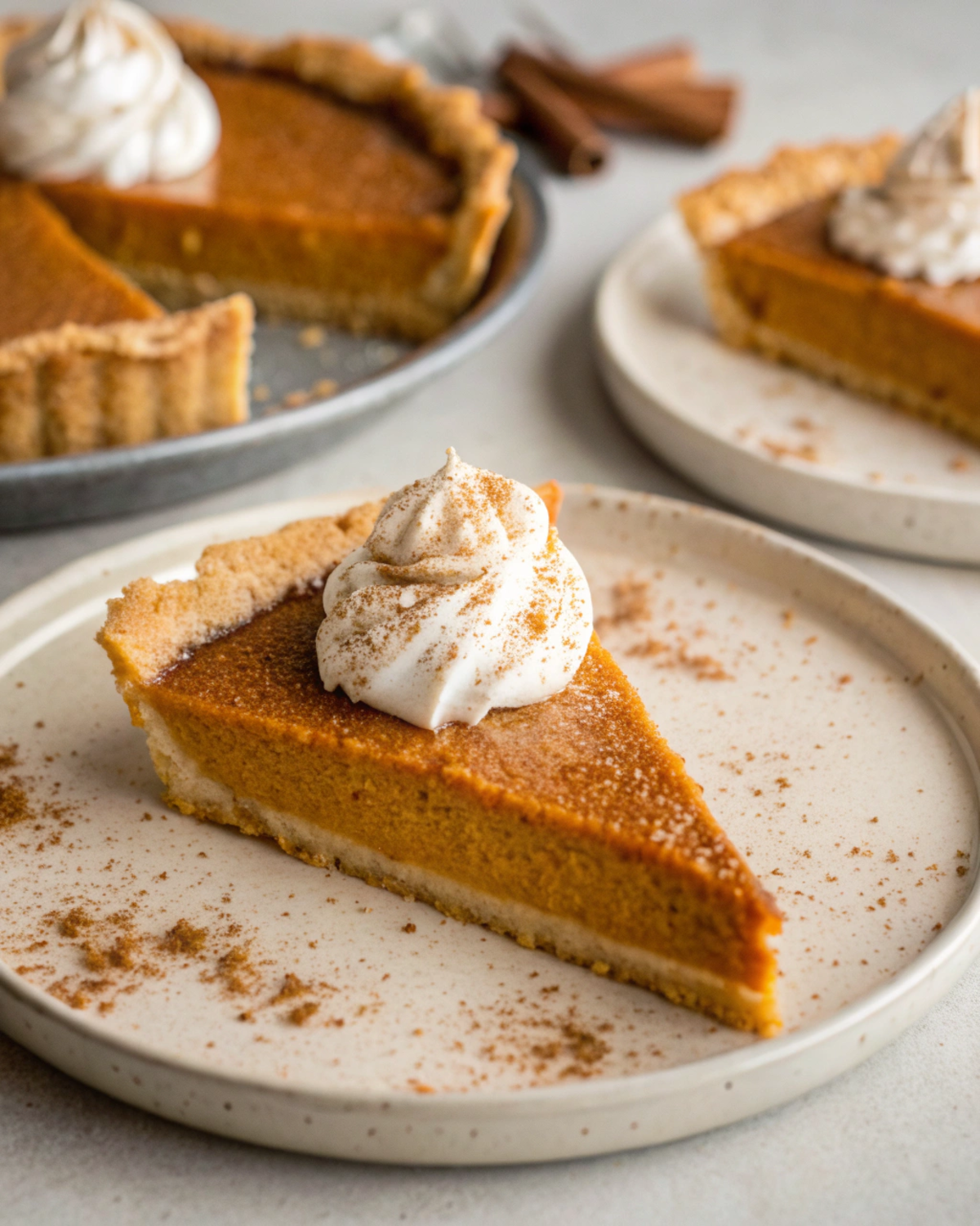 Slices of pumpkin pie served on plates with whipped cream and cinnamon.