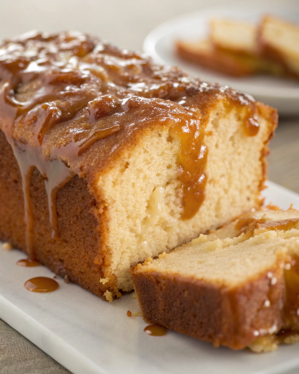 Close-up of a slice of Brown Sugar Caramel Pound Cake highlighting its moist texture and caramel drizzle.