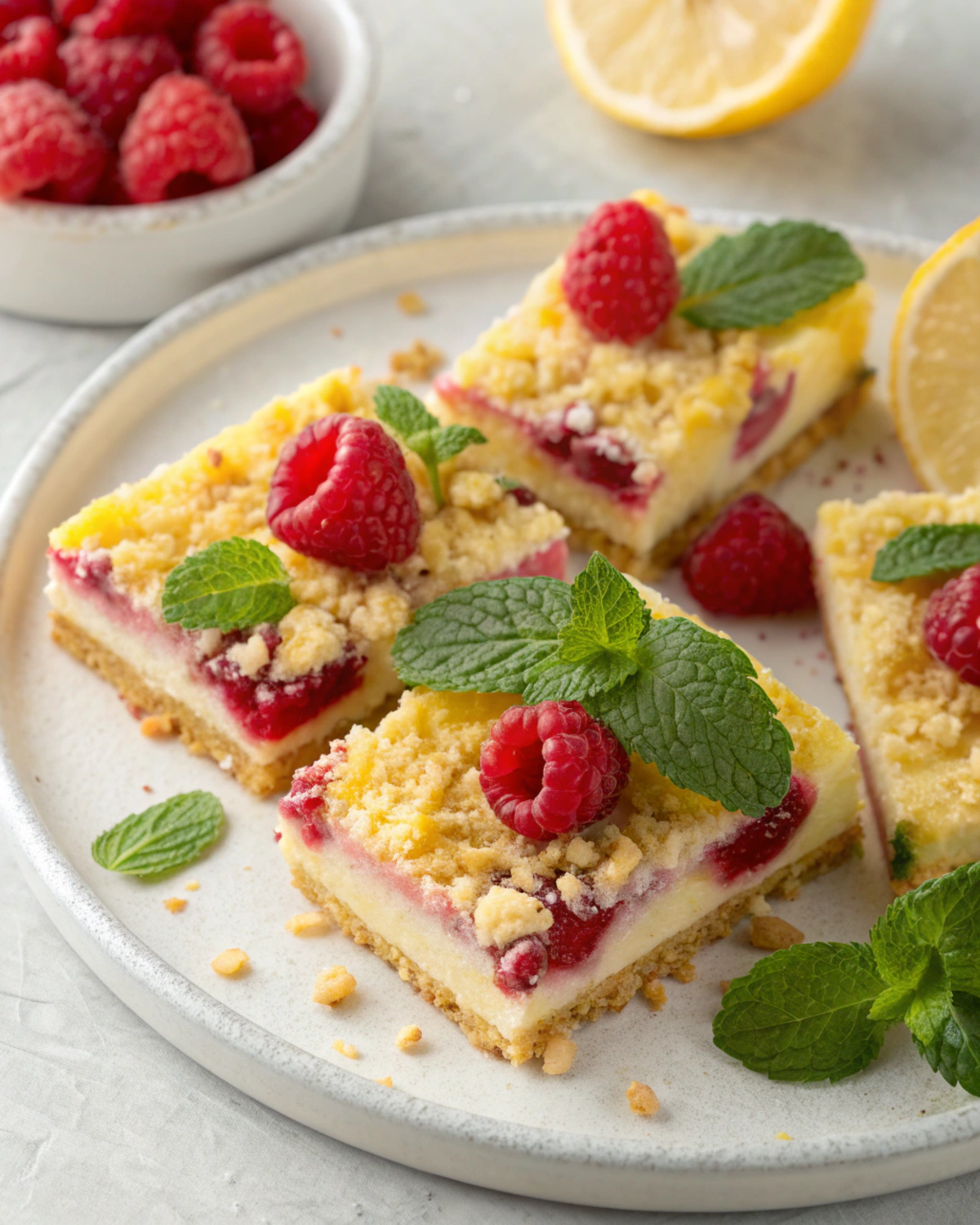 Raspberry Lemon Yogurt Crumble Bars served on a plate with fresh raspberries.