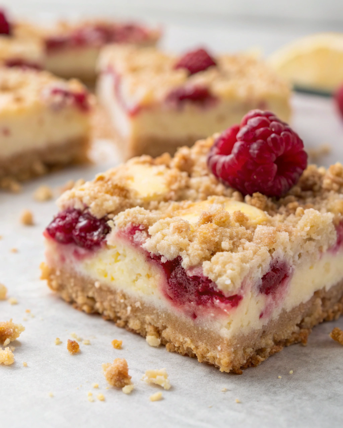 Close-up of Raspberry Lemon Yogurt Crumble Bars showcasing the creamy filling and crumbly topping.