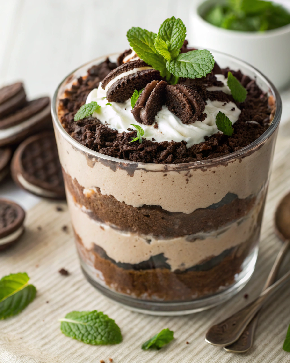 A Chocolate Mint Oreo Trifle with layers of chocolate mousse and whipped cream.