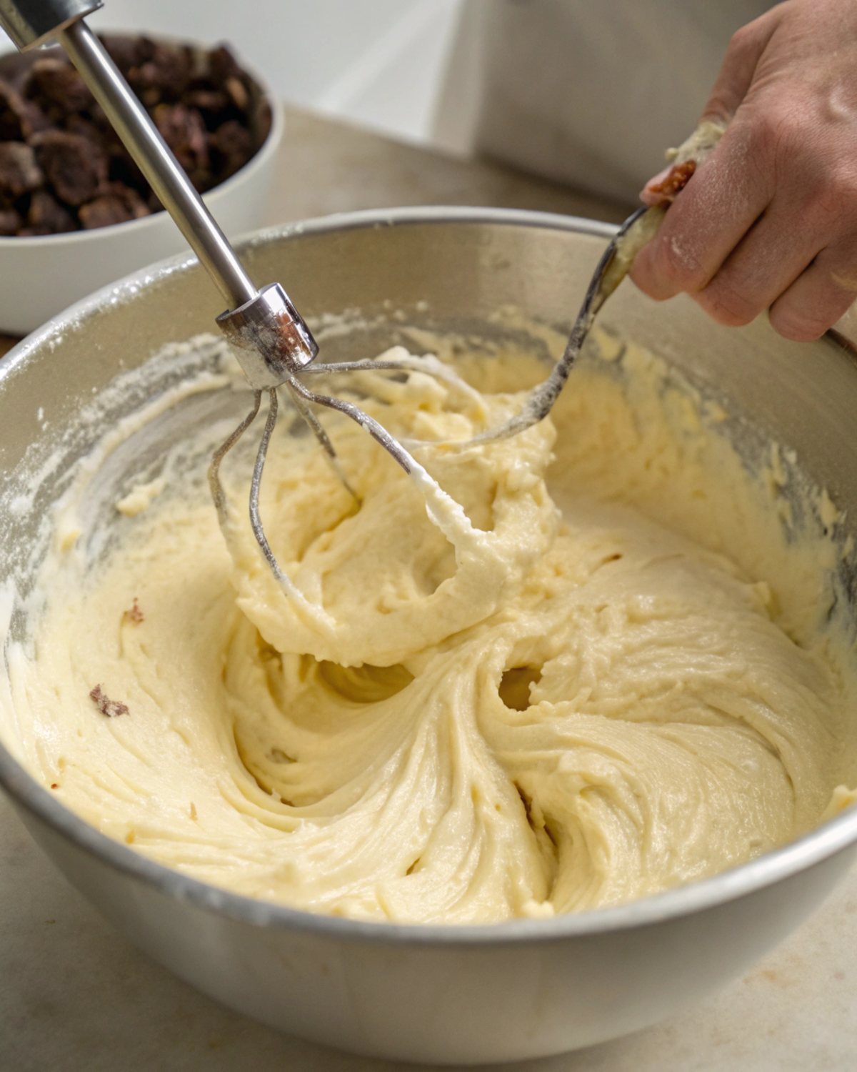 Mixing the batter for Cranberry Cinnamon Crumble Loaf in a glass mixing bowl.
