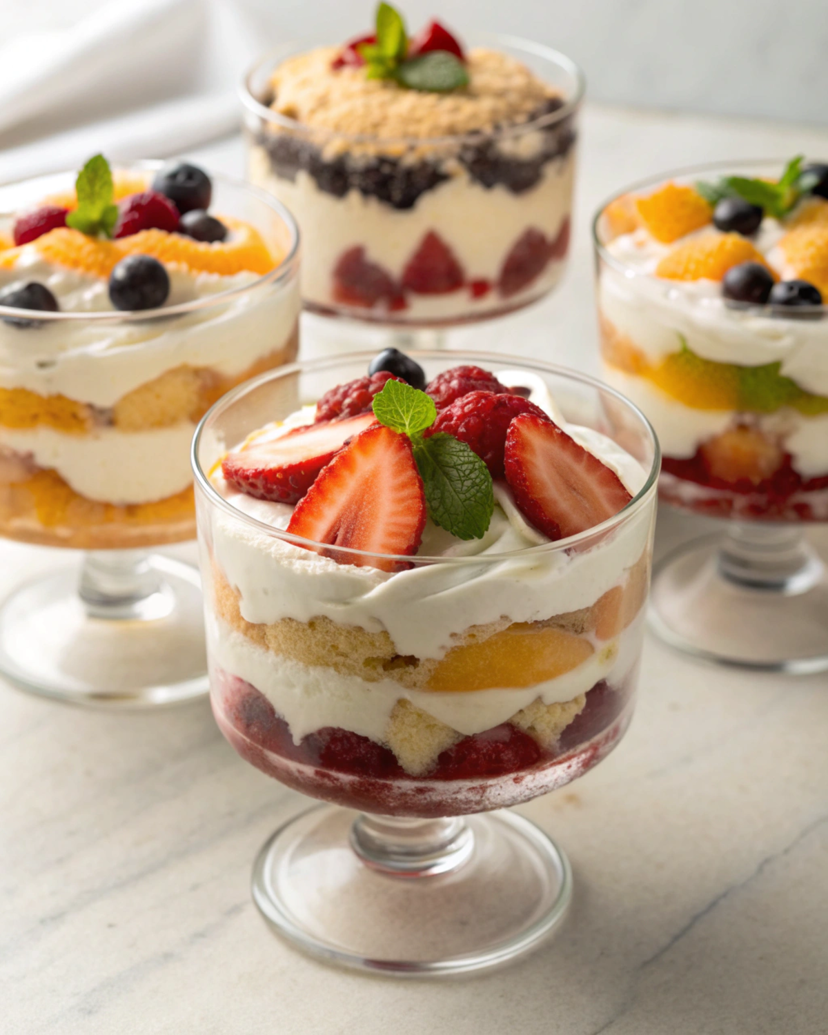 A display of five colorful and delicious trifles, each featuring layers of cake, fruit, and cream in clear glass bowls