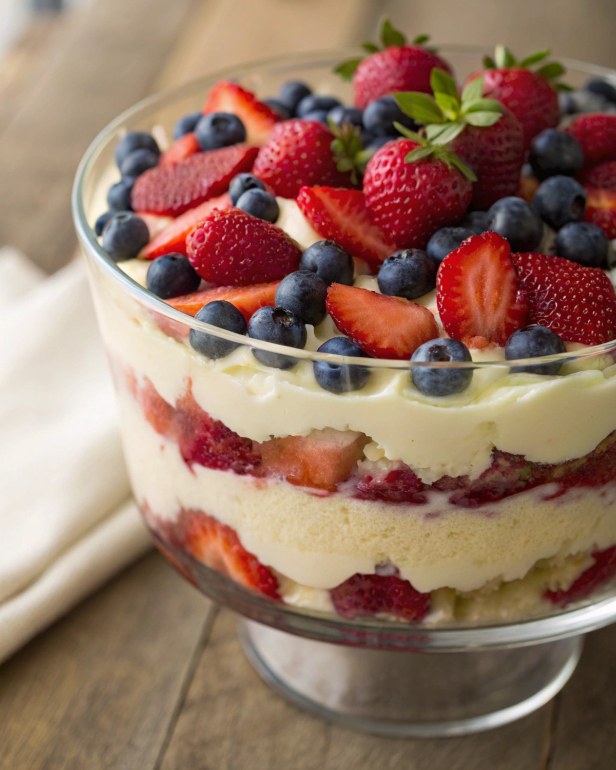 A layered Berry and Vanilla Cream Trifle showcasing berries and creamy layers.