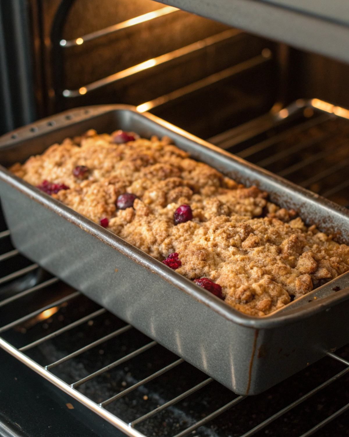 Cranberry Cinnamon Crumble Loaf baking in the oven.