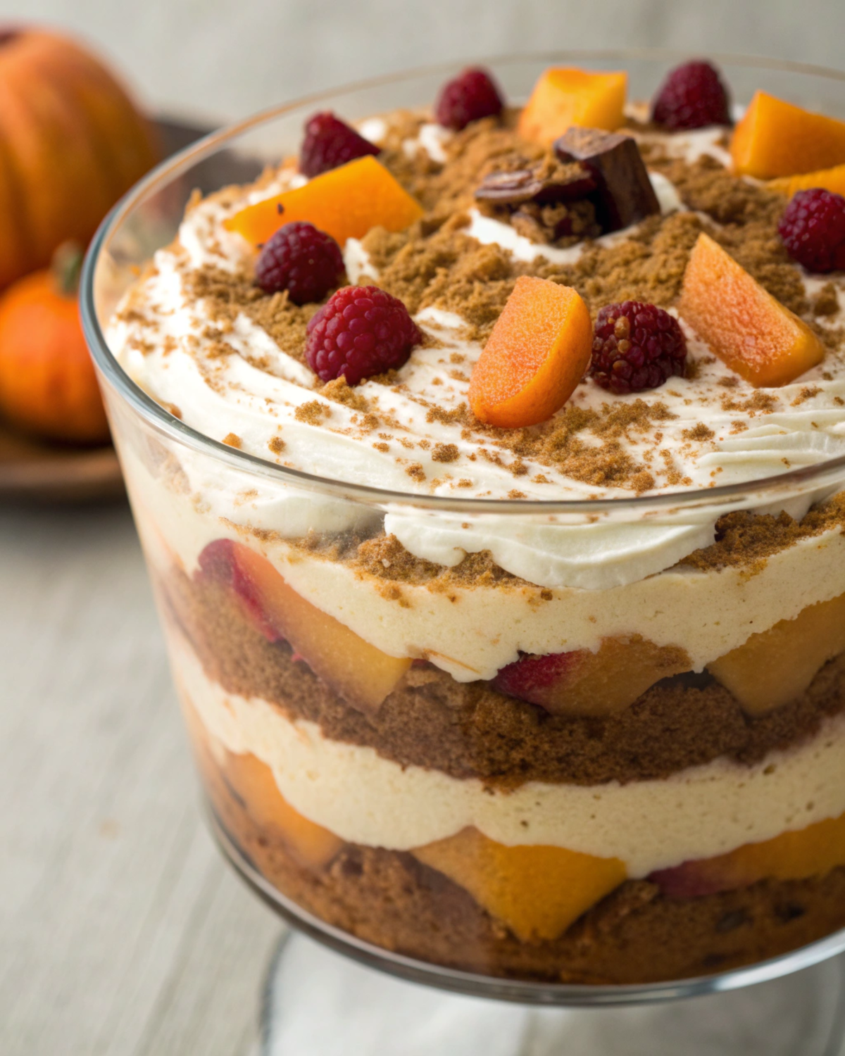 A Pumpkin Spice Trifle layered with pumpkin filling and spice cake.