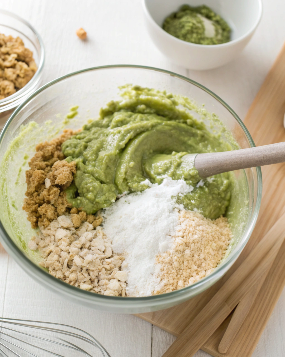 "Mixing the ingredients for Coconut Matcha Energy Bites in a large bowl."