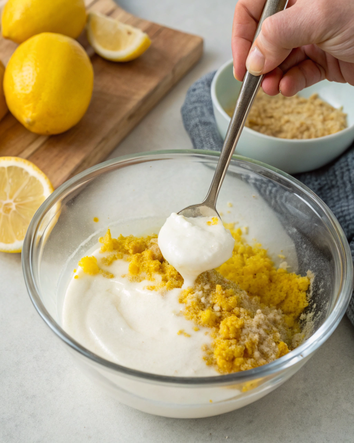 Mixing ingredients for the filling of Raspberry Lemon Yogurt Crumble Bars in a bowl.