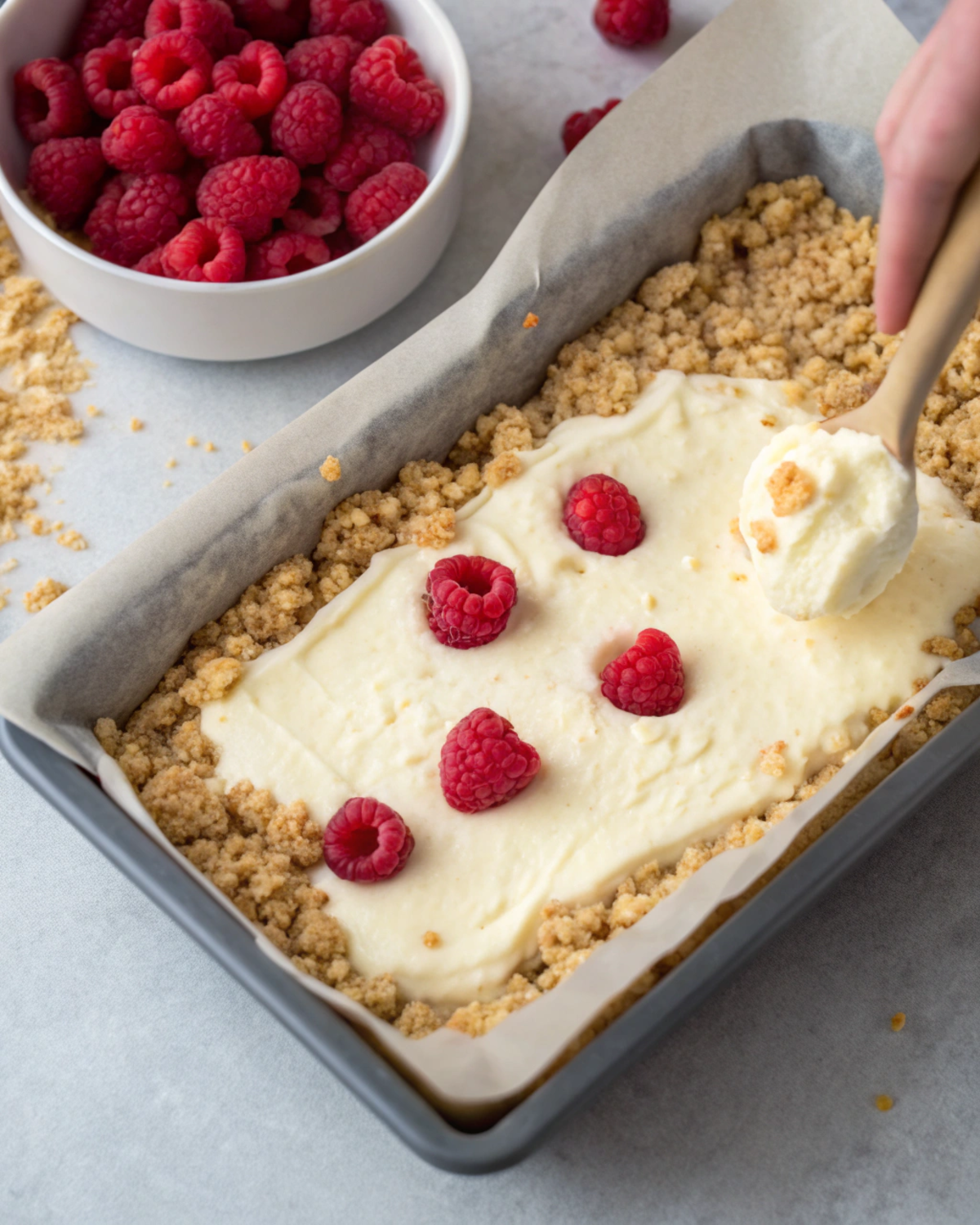 Assembling Raspberry Lemon Yogurt Crumble Bars in a baking dish.