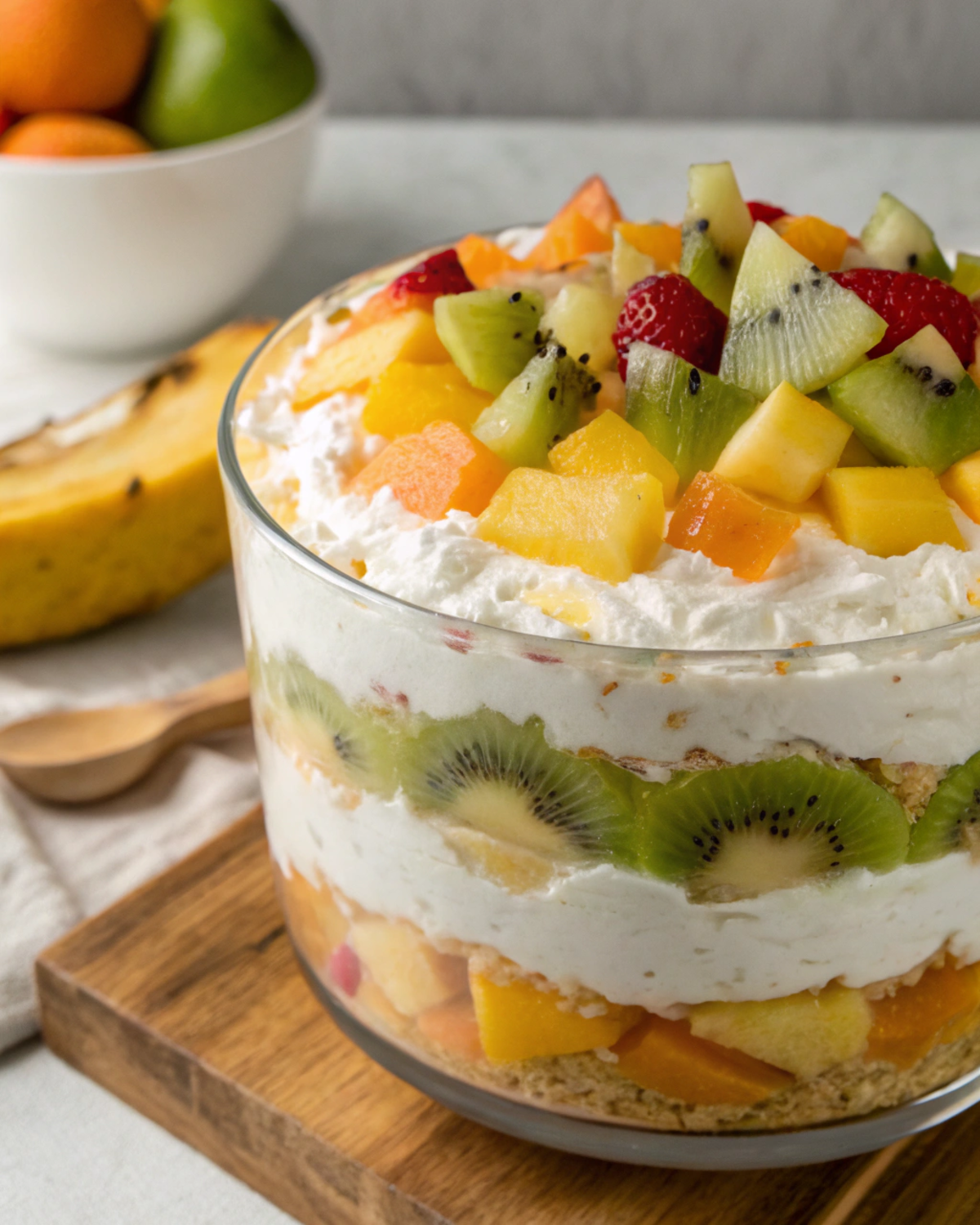 A Tropical Fruit and Coconut Cream Trifle with layers of tropical fruits and coconut cream.